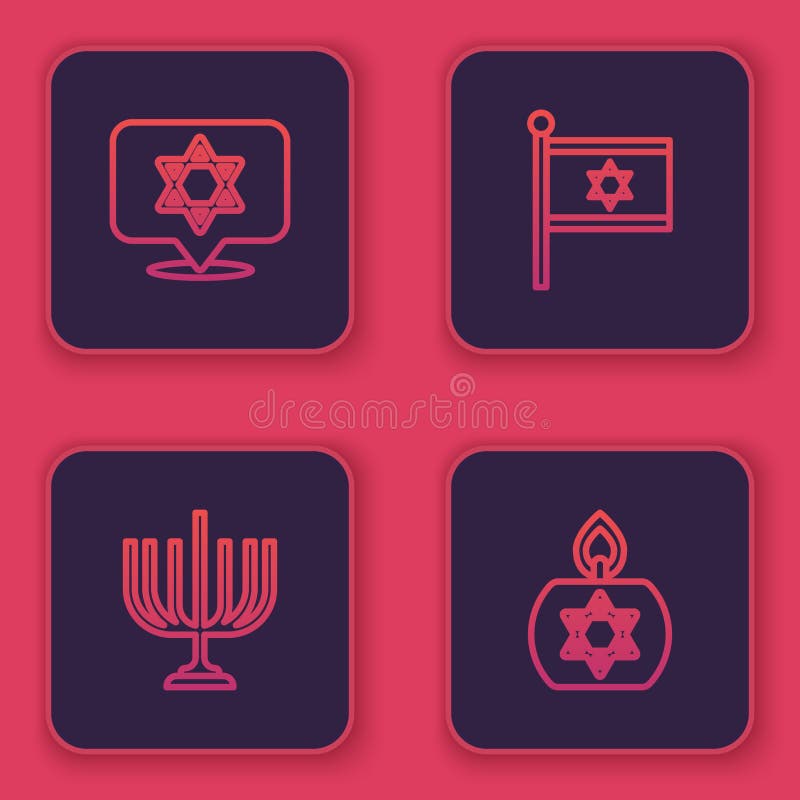 Set line star of david hanukkah σημαία menorah, ισραήλ και κάψιμο κεριών. μπλε τετράγωνο κουμπί. διάνυσμα ελεύθερη απεικόνιση δικαιώματος