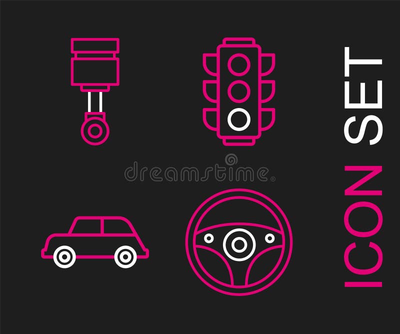 Set Line Steering Wheel, Car, Traffic Light and Engine Piston Icon