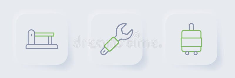 Set line Suitcase, Wrench spanner and Railway, railroad track icon. Vector stock illustration