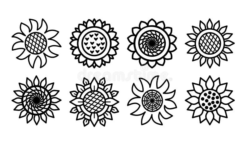 Set line Sunflower icons isolated on white background. Vector floral illustration bundle. Botanical summer concept. For cutting