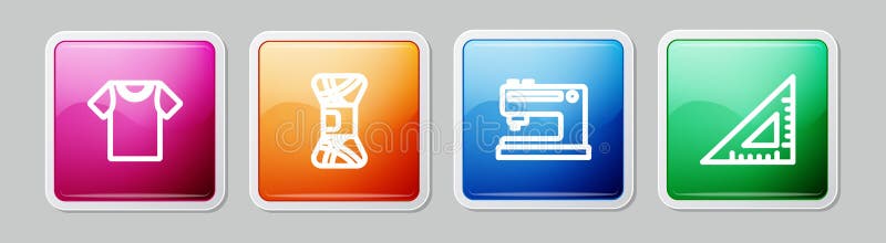 Set line T-shirt, Yarn, Sewing machine and Triangular ruler. Colorful square button. Vector royalty free illustration