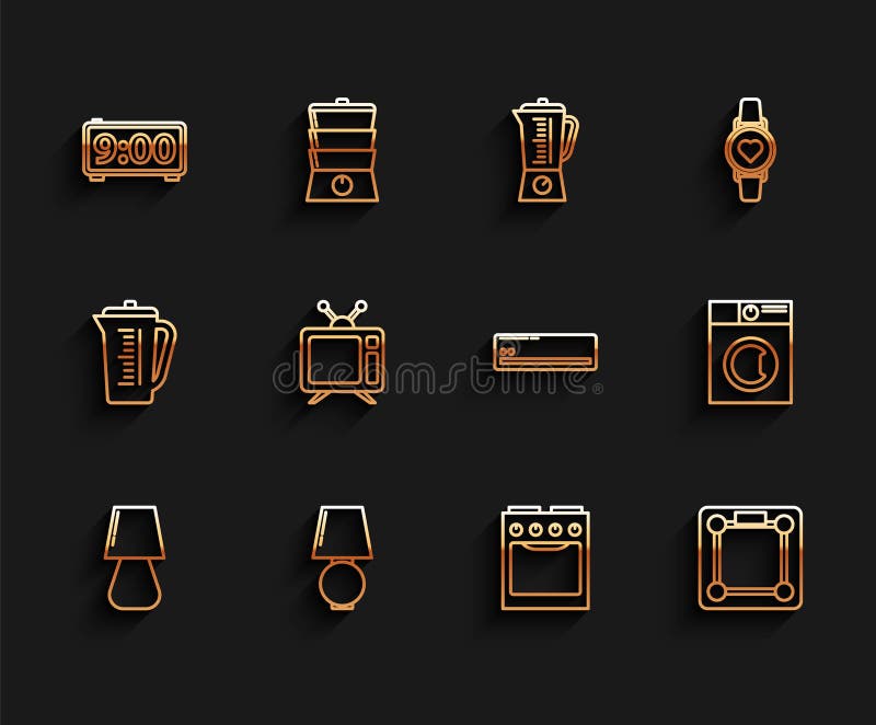 Set line Table lamp Digital alarm clock Oven Bathroom scales Television Washer and Air conditioner icon. Vector. Set line Table lamp Digital alarm clock Oven Bathroom scales Television Washer and Air conditioner icon. Vector.