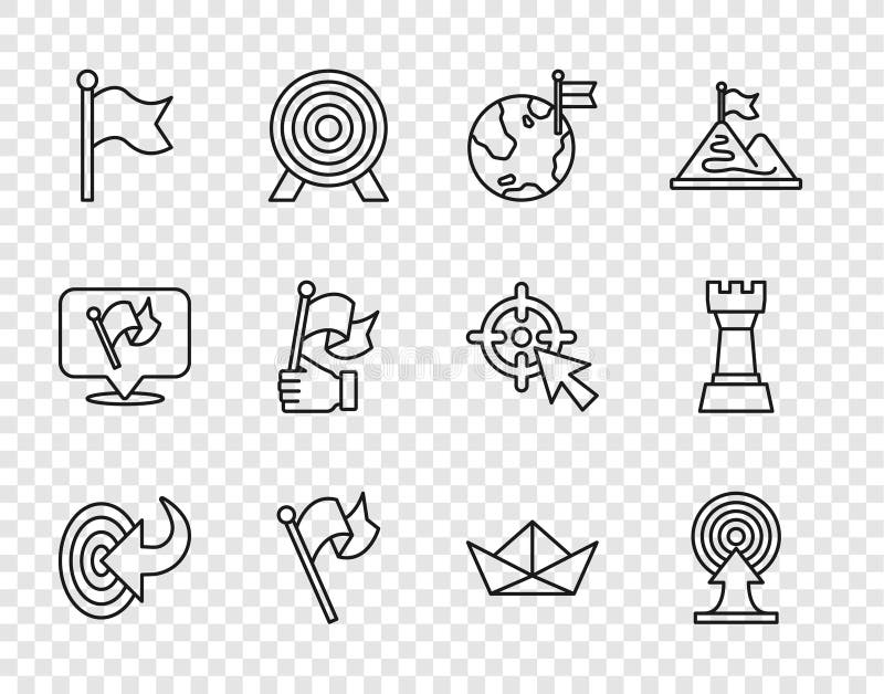 Set line Target, with arrow, Planet flag, Flag, Hand holding, Folded paper boat and Chess icon. Vector royalty free illustration