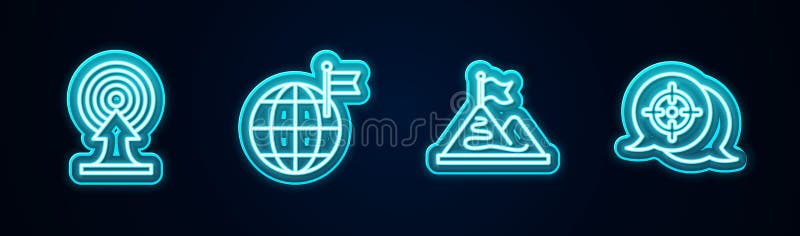 Set line Target with arrow, Planet flag, Mountains and. Glowing neon icon. Vector stock illustration