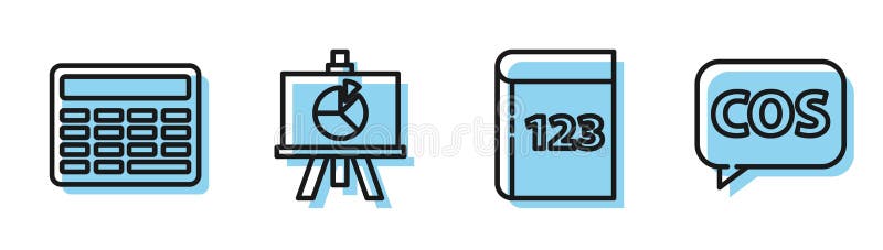 Set line Test or exam sheet and pen, Chalkboard, XYZ Coordinate system and Tablet with calculator icon. Vector vector illustration