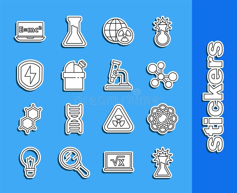 Set line Test tube and flask, Atom, Molecule, Planet earth radiation, Astronomical observatory, Secure shield with vector illustration