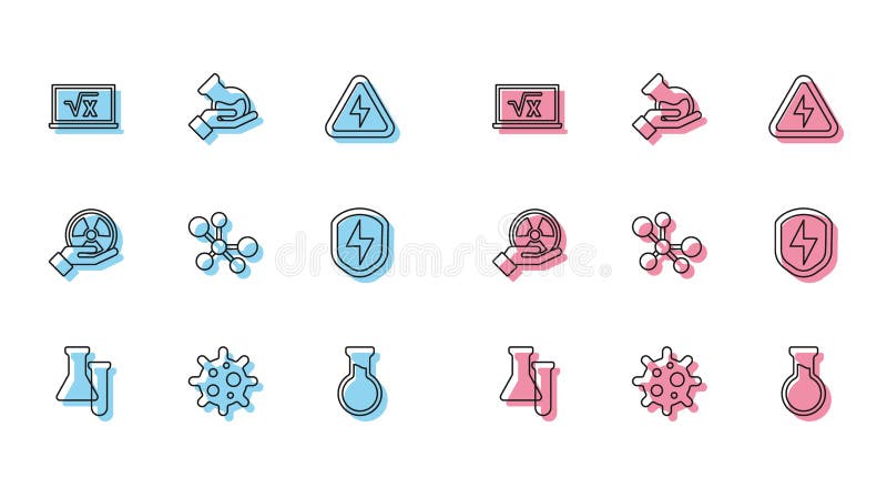 Set line Test tube and flask, Virus, Square root of x glyph, Molecule, Secure shield with lightning, Radioactive and vector illustration