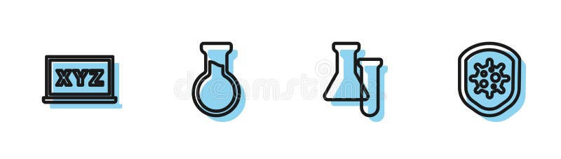 Set line Test tube and flask, XYZ Coordinate system, and Shield protecting from virus icon. Vector royalty free illustration