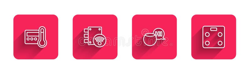 Set line Thermostat, Digital door lock, Voice assistant and Smart bathroom scales with long shadow. Red square button. Vector.