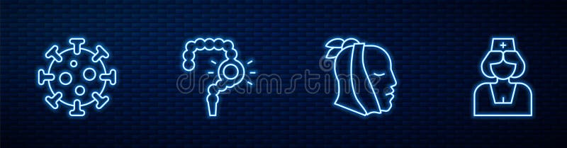 Set line Toothache, Virus, Gut constipation and Nurse. Glowing neon icon on brick wall. Vector vector illustration