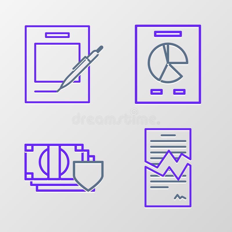 Set line Torn contract, Money with shield, Document graph chart and Blank notebook and pen icon. Vector vector illustration