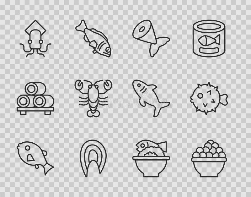 Set line Tropical fish, Caviar, Fish tail, steak, Octopus, Lobster, Served on bowl and hedgehog icon. Vector
