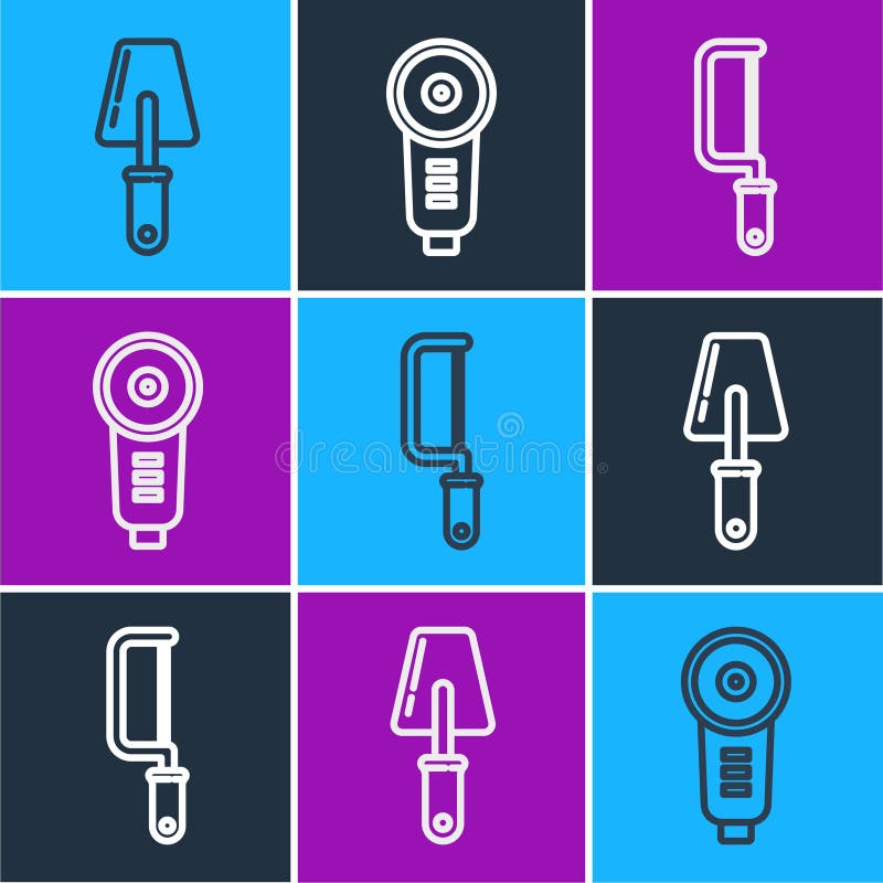 Set line Trowel, Hacksaw and Angle grinder icon. Vector vector illustration