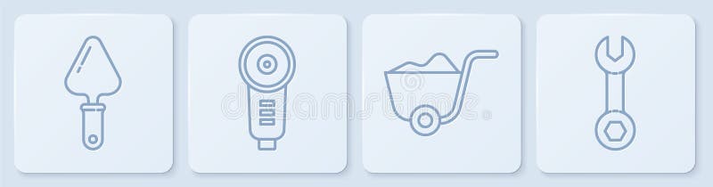 Set line Trowel, Shovel, Angle grinder and Wrench spanner. White square button. Vector vector illustration