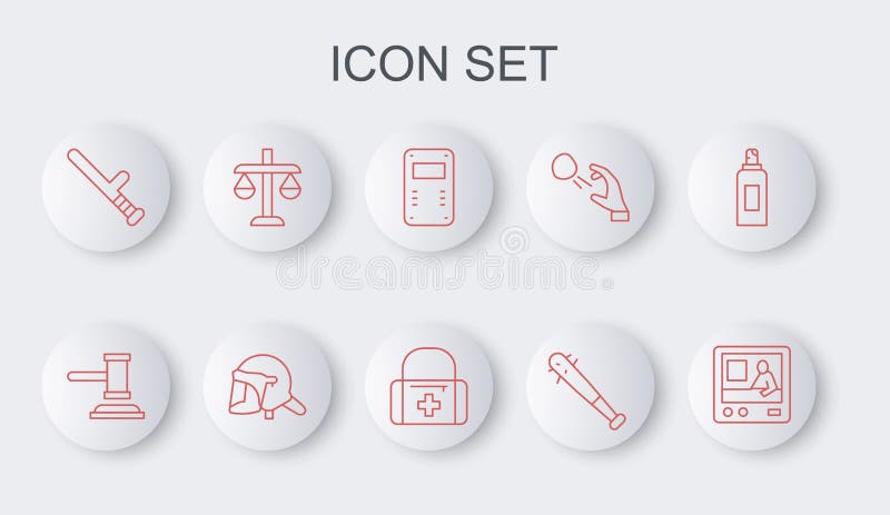 Set line TV raport judecător Gavel Poliția asalt bâtă de baseball Scutul de baseball Cu cuie Batoane de cauciuc royalty free illustration