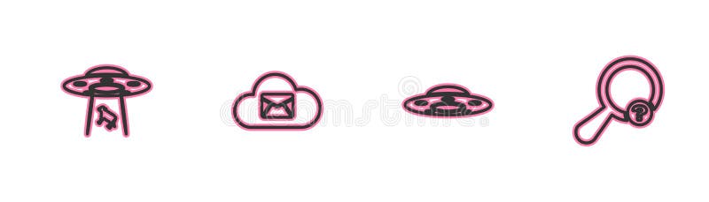 Set line UFO abducts cow, flying spaceship, Cloud mail server and Unknown search icon. Vector royalty free illustration