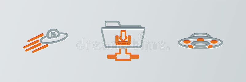 Set line UFO flying spaceship, and alien and FTP folder download icon. Vector royalty free illustration