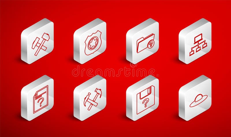 Set line UFO flying spaceship, Police badge, Unknown directory, Computer network, document, Two crossed hammers, and vector illustration