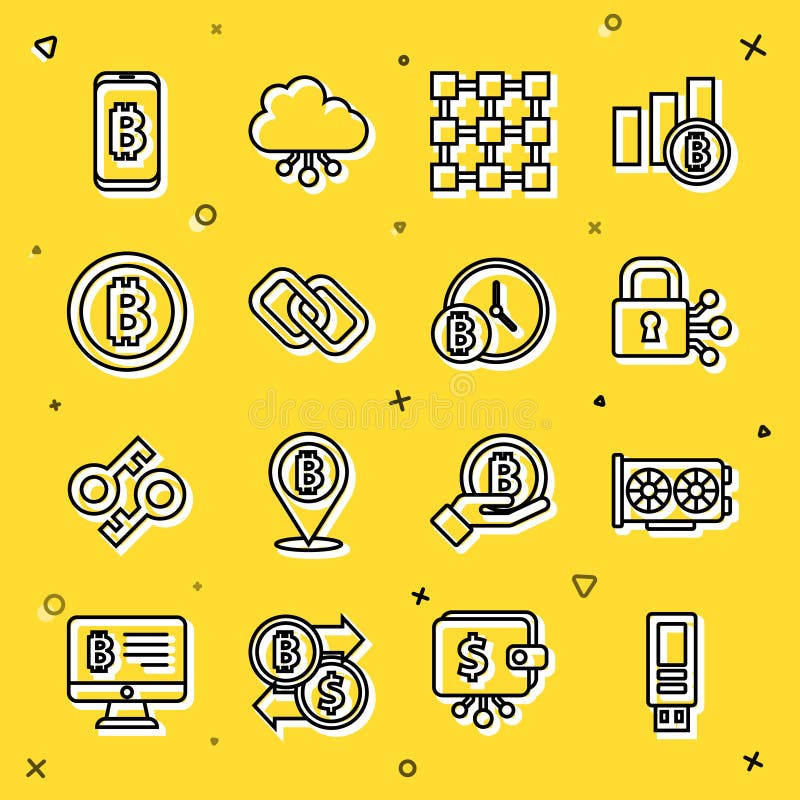 Set-line USB-Flash-Laufwerk Grafikkarte Schloss mit Bitcoin Blockchain Technologie Link Bitcoin-Mining aus. Set-line USB-Flash-Laufwerk Grafikkartensperre mit Bitcoin Blockchain-Technologie Link Bitcoin-Mining aus dem Handy und dem Taktsymbol. Vektor.