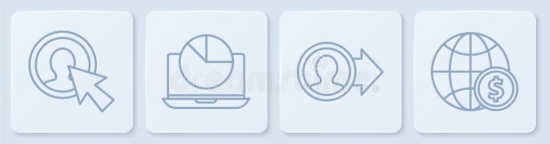 Set line User of man in business suit, Job promotion, Laptop with graph chart and Earth globe with dollar. White square vector illustration