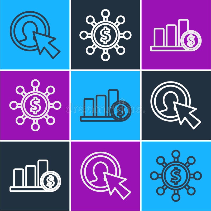 Set line User of man in business suit, Pie chart infographic and dollar and Dollar, share, network icon. Vector royalty free illustration