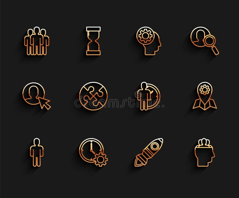 Set line User of man in business suit, Time Management, Users group, Rocket ship with fire, Project team base, Piece stock illustration