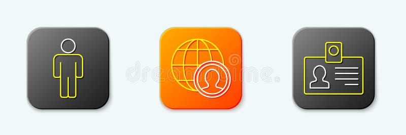 Set line User of man, Globe and people and Identification badge icon. Vector stock illustration