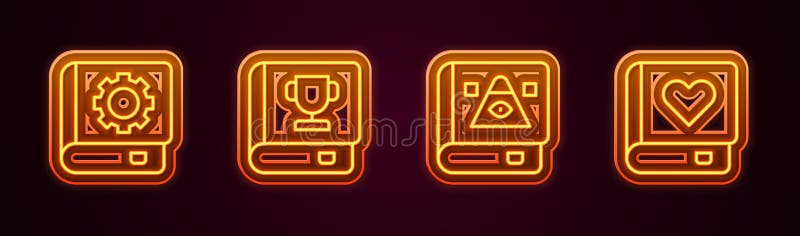 Set line User manual, Book, Ancient magic book and Romance. Glowing neon icon. Vector vector illustration