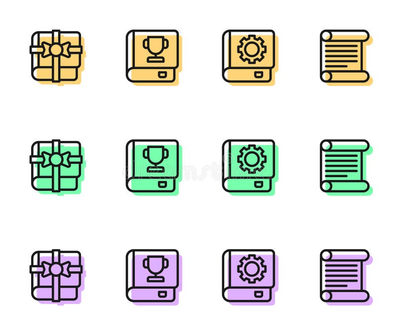 Set line User manual, Book as gift, and Decree, parchment, scroll icon. Vector stock illustration