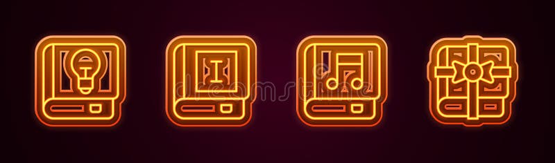 Set line User manual, Book, Audio book and as gift. Glowing neon icon. Vector vector illustration