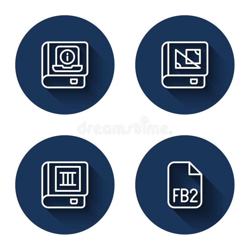 Set line User manual, Book about geometry, and FB2 File with long shadow. Blue circle button. Vector stock illustration
