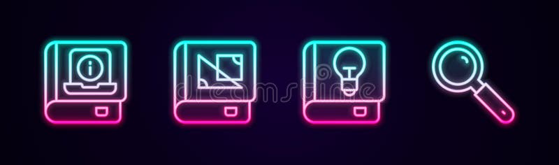 Set line User manual, Book about geometry, and Magnifying glass. Glowing neon icon. Vector royalty free illustration