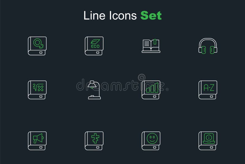 Set line User manual, Book, Holy bible book, Translator, Financial, Table lamp and with mathematics icon. Vector royalty free illustration