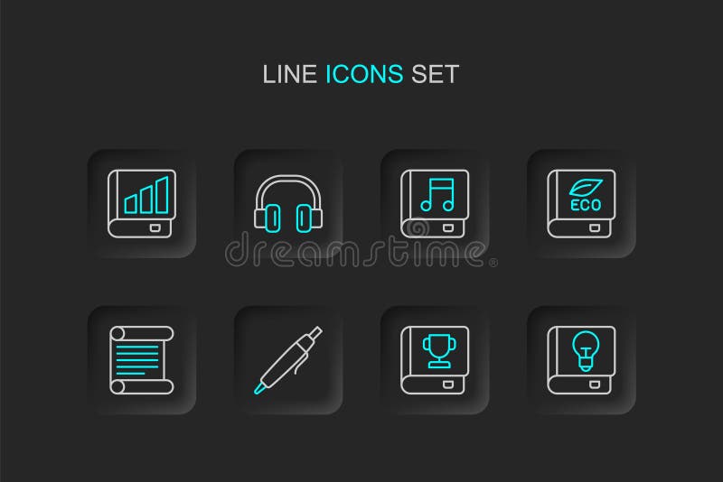 Set line User manual, Book, Pen, Decree, parchment, scroll, about ecology, Audio book, Headphones and Financial icon royalty free illustration