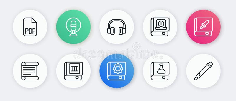 Set line User manual, Book about weapon, Decree, parchment, scroll, Chemistry book, Headphones, Pencil with eraser and stock illustration