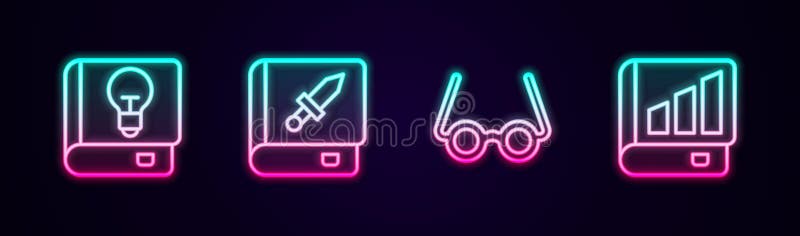 Set line User manual, Book about weapon, Glasses and Financial book. Glowing neon icon. Vector royalty free illustration