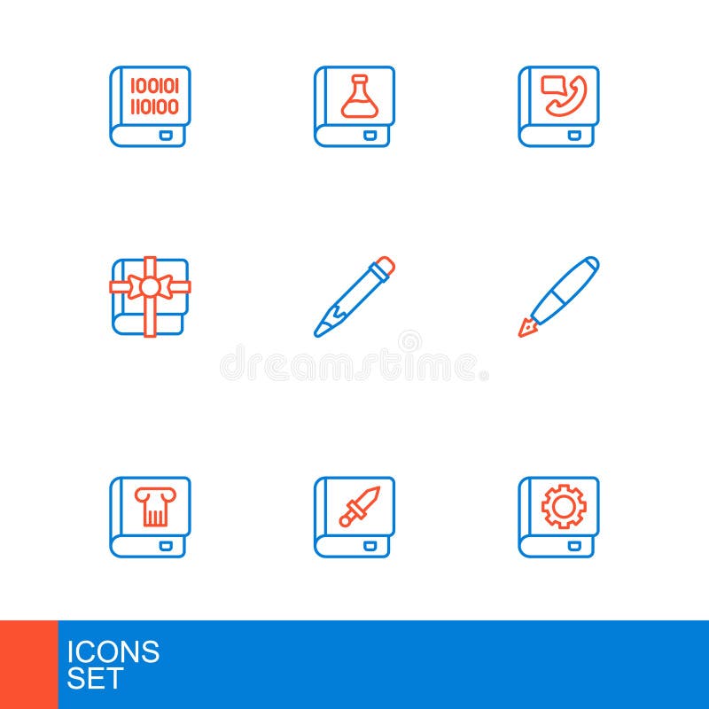 Set line User manual, Book about weapon, History book, Fountain pen nib, as gift, Pencil with eraser, Phone and vector illustration