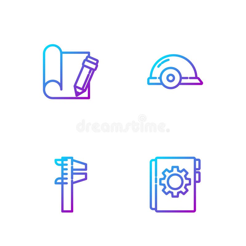 Set line User manual, Calliper or caliper and scale, Graphing paper pencil and Worker safety helmet. Gradient color vector illustration