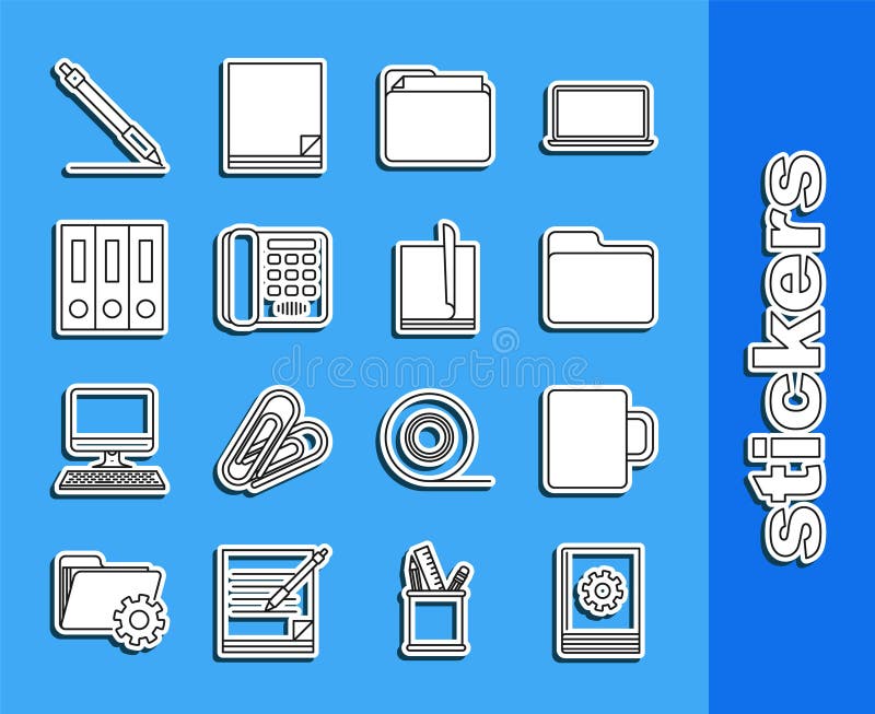 Set line User manual, Coffee cup, Document folder, Telephone, Office folders with papers and documents, Pen line and stock illustration