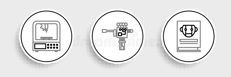 Set line User manual, 3D printer and Mechanical robot hand and screwdriver icon. Vector vector illustration