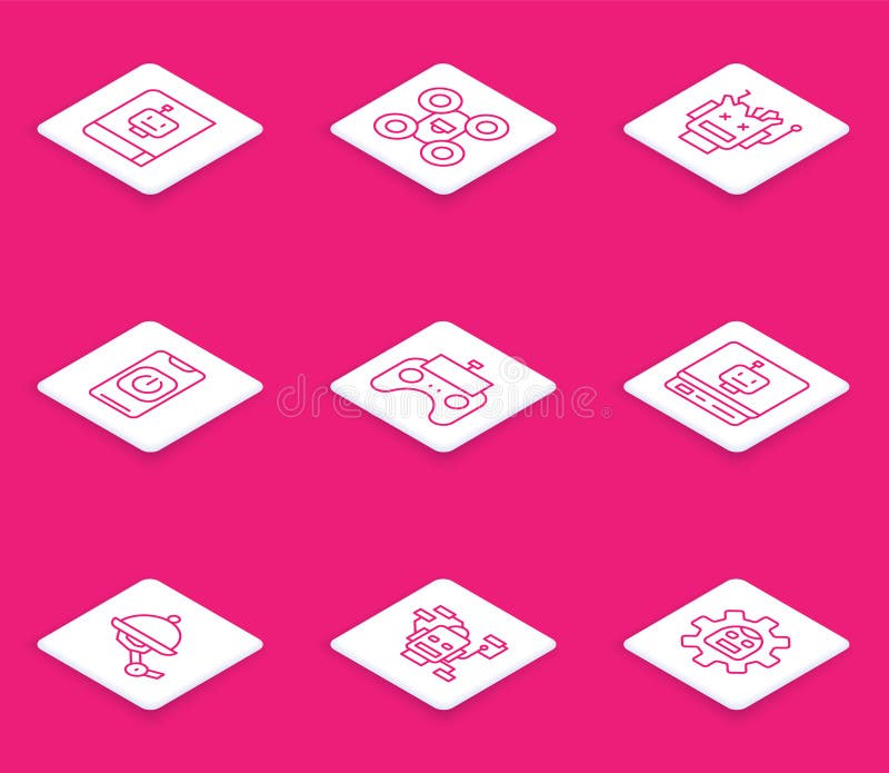 Set line User manual, Drone, Broken robot, Turn off from phone, Remote control, Robot, Waiter and icon. Vector vector illustration