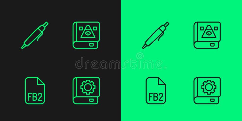 Set line User manual, FB2 File, Pen and Ancient magic book icon. Vector royalty free illustration