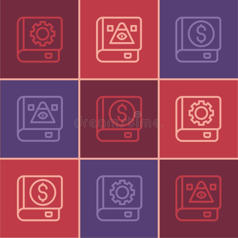 Set line User manual, Financial book and Ancient magic icon. Vector royalty free illustration
