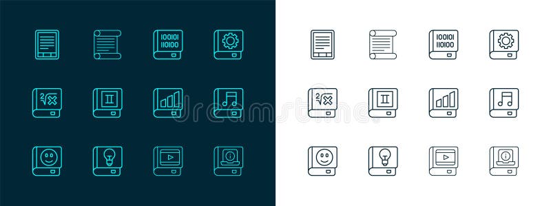 Set line User manual, Financial book, Book about cinema, Books programming, E-Book reader and Decree, parchment, scroll vector illustration
