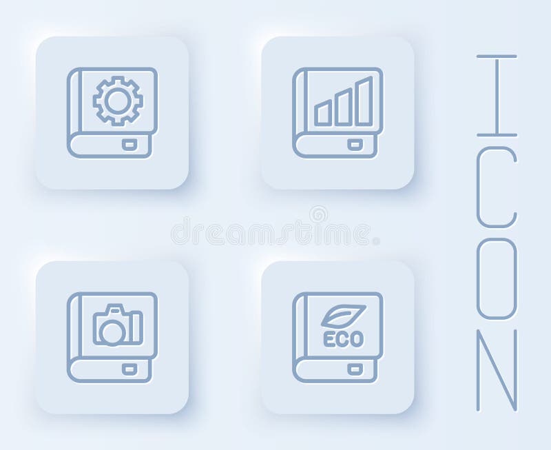Set line User manual, Financial book, Photo album gallery and Book about ecology. White square button. Vector royalty free illustration