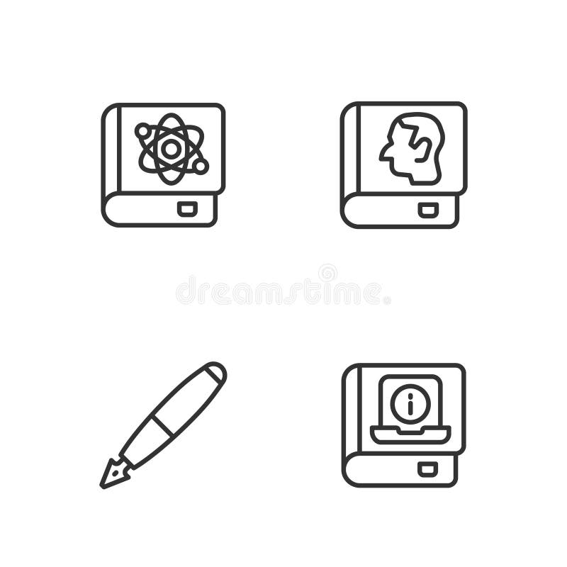 Set line User manual, Fountain pen nib, Book about physics and Law book icon. Vector royalty free illustration
