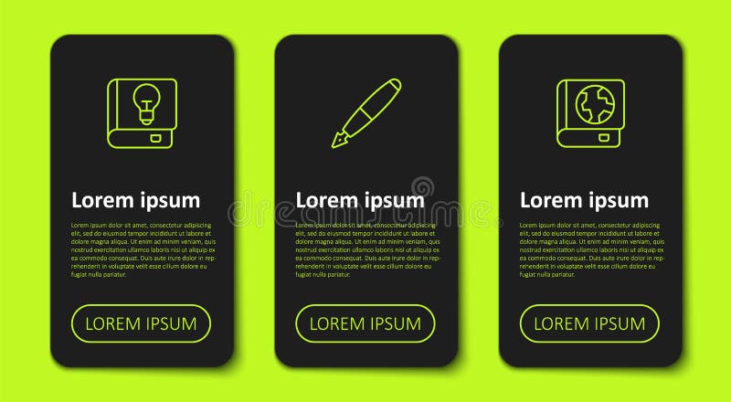 Set line User manual, Fountain pen nib and Earth globe and book. Business infographic template. Vector royalty free illustration