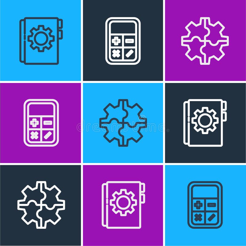 Set line User manual, Gear and Calculator icon. Vector royalty free illustration