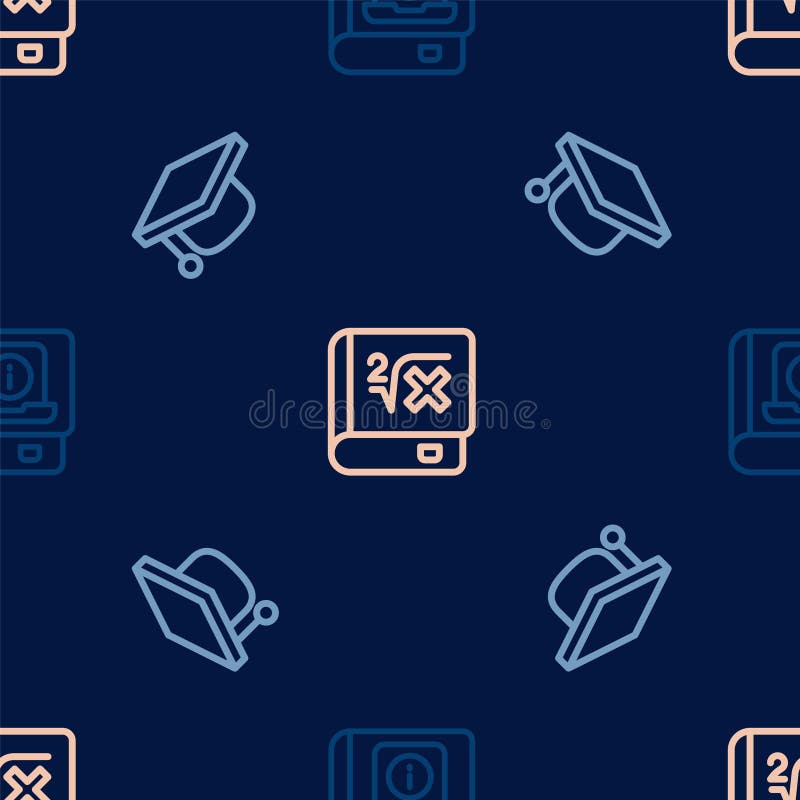 Set line User manual, Graduation cap and Book with mathematics on seamless pattern. Vector stock illustration