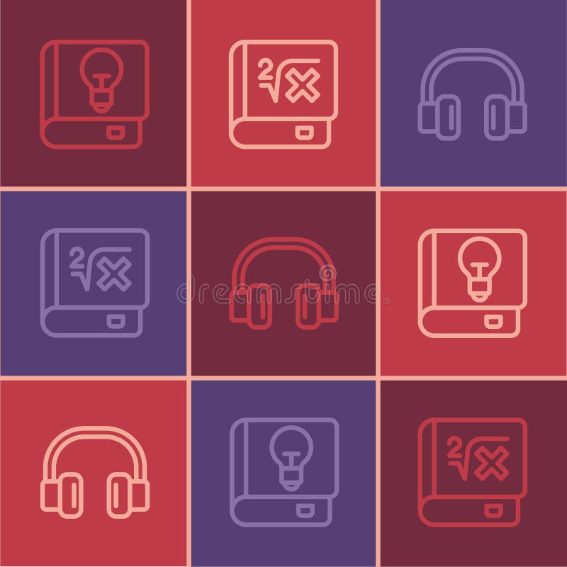Set line User manual, Headphones and Book with mathematics icon. Vector royalty free illustration